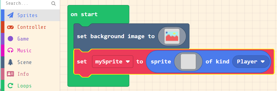 Screenshot of blocks - on start, set background image, set mySprite to sprite of kind Player